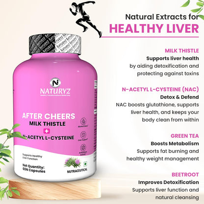 NATURYZ After Cheers Liver & Alcohol Detox Supplement with Milk Thistle, N-Acetyl Cysteine (NAC), Green Tea & Beetroot | Advanced Liver Health, Hangover Recovery | Helps detox After Drinking | 60 Vegetarian Capsules