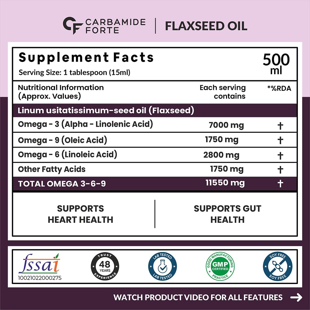 Carbamide Forte Cold Pressed Flaxseed Oil 500ml with 11500mg Omega 3 6 9 per Serving for Eating, Skin & Hair Growth - Vegetarian Oil