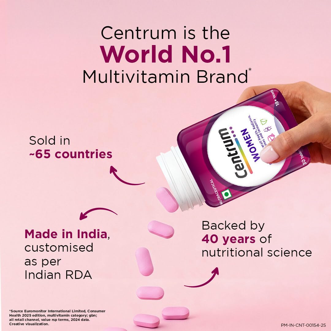 Centrum Women -Multivitamin Tablet for Women|With 23 Vital Nutrients including Zinc,Magnesium,Vitamin B,C,D, Calcium for Energy, Immunity,Radiance,Strong Bones and Overall Health|Veg - 50 tablets