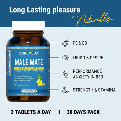Cureveda Herbal Male Mate | Testosterone Support Supplement For Men | Tribulus, Mucuna, Safed Musli | 60 tab