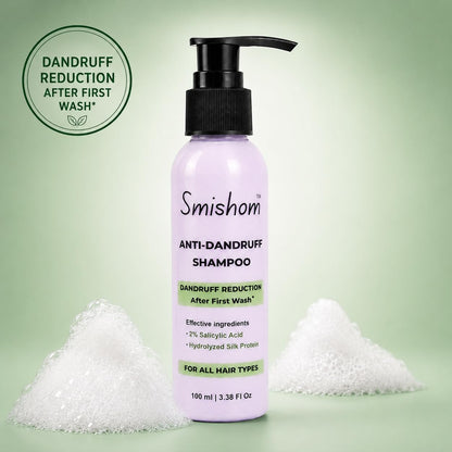 Smishom Anti-Dandruff Shampoo | Dandruff Reduction After First Wash | ZPTO-Free | pH balance | 2% Salicylic Acid & Hydrolyzed Silk Protein | Reduces Dandruff, Itchy Scalp | For All Hair Types | Light Lavender -100 ml