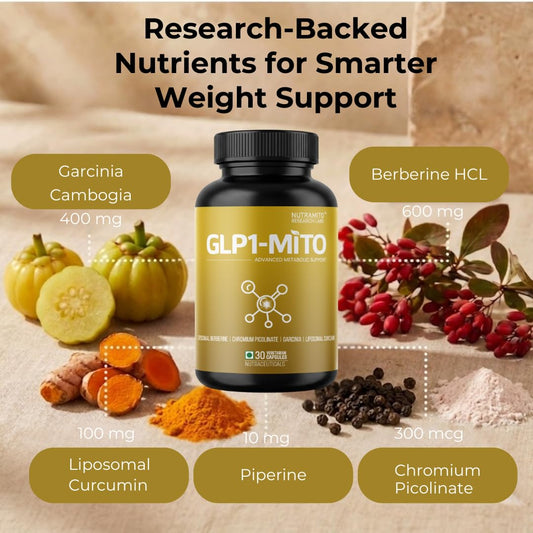 GLP1-MITO | 5-in-1 Weight Management Supplement | Liposomal Berberine, Chromium Picolinate, Garcinia Cambogia & Liposomal Curcumin with Piperine | 30 Veg Caps GLP-1 Supplement