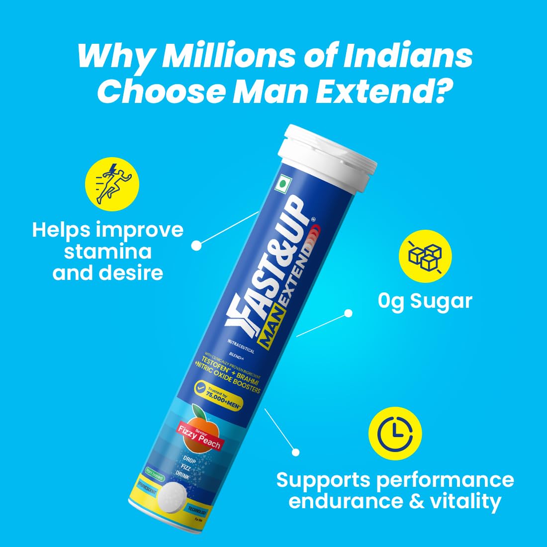 Fast&Up Man Extend | TestofenÂ® Fenugreek Extract |Nitric Oxide Booster + Energizing Blend | Shatavari | Brahmi| Helps Improves Vitality & Stamina | Pack of 20 Effervescent (Peach Flavour)