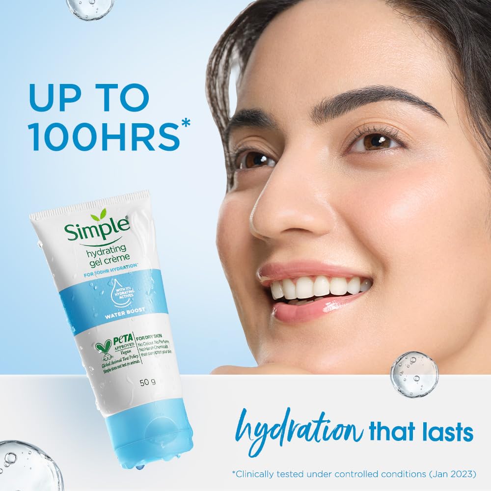 Simple Water Boost Hydrating Gel CrÃ¨me, 50g | 100HR Hydration | Moisturiser for Dry, Sensitive Skin with Prebiotics & Pentavitin | Fragrance Free, Non-greasy | Soothes & Calms Skin