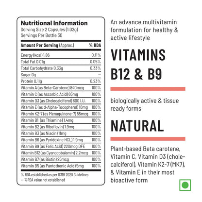 Unived Wholefood Multivitamin for Women | Vegan Plant-Based Multivitamins A, B-Complex, C, D3, E, & K2-7| Natural, Wholefood Plant Based, & Vegan | 60 Capsules