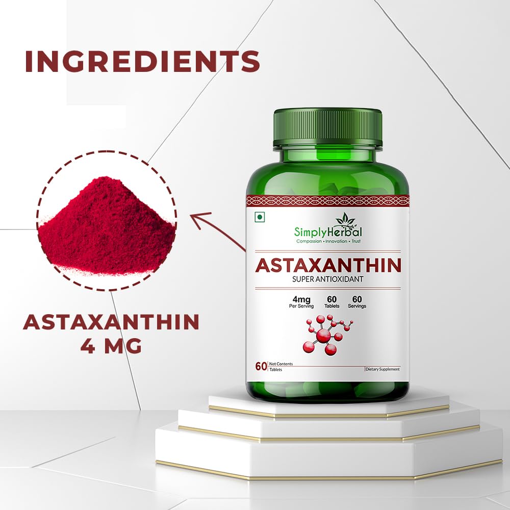 Simply Herbal Astaxanthin 4mg Super Antioxidant, Supplement tablet Promote Healthy Skin & Muscle Health Also Support Heart Function & Immunity (60 Veg Tablets)