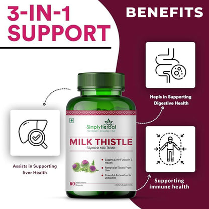 Simply Herbal Milk Thistle Extract 800mg with Silymarin â€“ 60 Vegetarian Capsules | Liver Support Formula | Herbal Supplement for Wellness