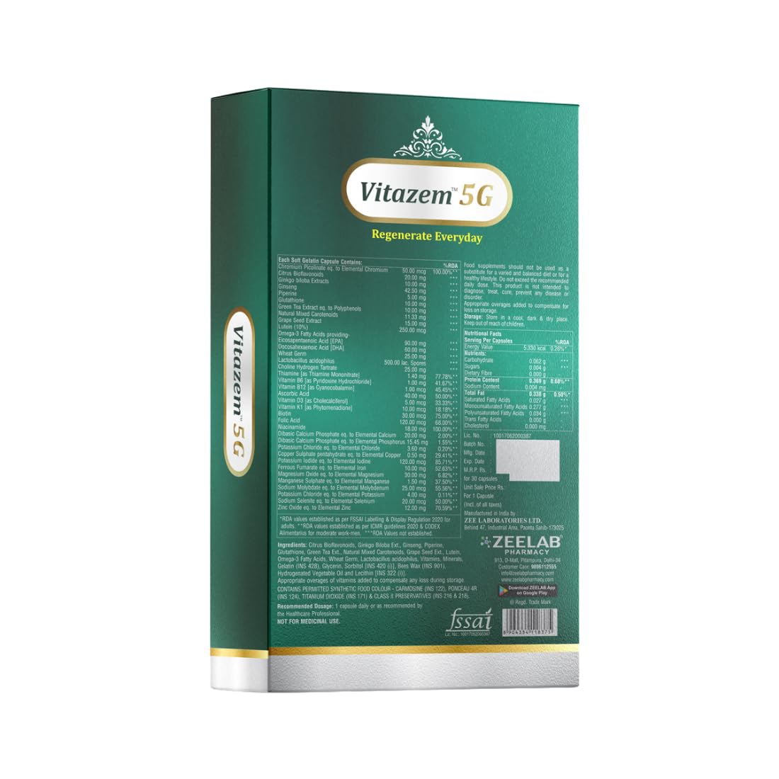 Zeelab Vitazem 5G Softgel Capsule â€“ Omega 3 Fatty Acid Capsule with Antioxidants, Glutathione, Ginseng & Multivitamins for Immunity, Energy & Heart Health â€“ (15 Soft Gelatin Capsules)