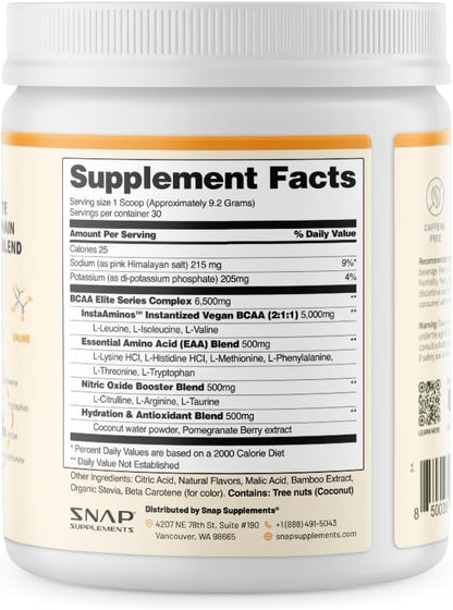 Snap Supplements BCAA Powder - 5g Vegan Branched Chain Amino Acids (2:1:1 Leucine Isoleucine Valine) + Essential Amino Acids with Nitric Oxide Booster, 30 Servings, Peach Mango