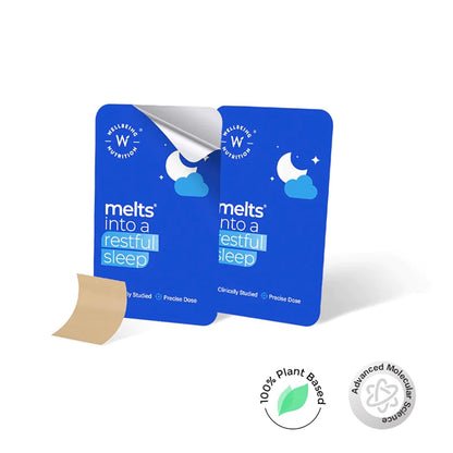 Wellbeing Nutrition melts Restful Sleep | Plant-Based Melatonin 5mg for Deep Sleep, Stress Relief | Clinically Proven, Safe & Non-Addictive with Chamomile, Tagara, L-Theanine | 30 Oral Thin Strips
