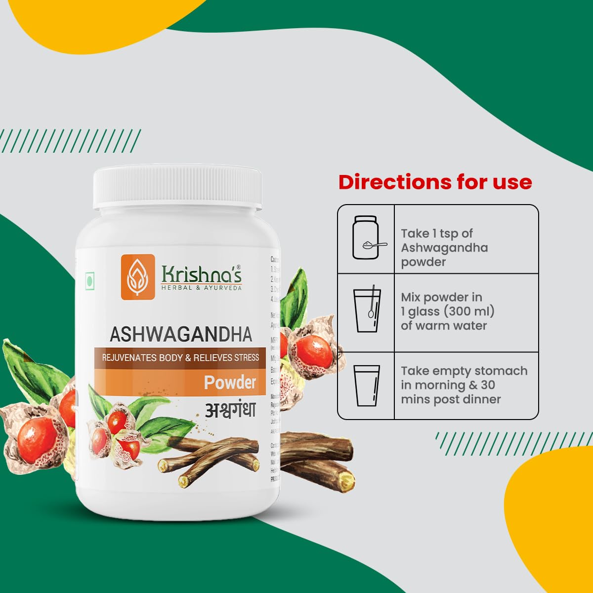Krishna's Ashwagandha Powder Strength Vitality and Stress Management | Aswagandhada powder | Withania Somnifera | Pure Ashvagandha power | Asvagandha original powder | ashvgandha - 100 gram