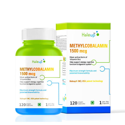 Haleup Vitamin B12 supplement capsules1500mcg -Active form of Methylcobalamin B12 Supplement for Men & Women- 120 Veg capsules