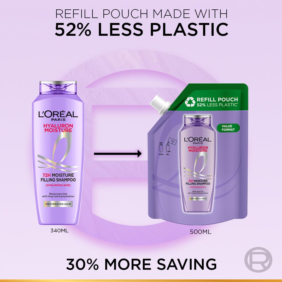 Lâ€™OrÃ©al Paris Hyaluron Moisture Shampoo Refill With Hyaluronic Acid For 72 HR Hydrated Hair, 500ml