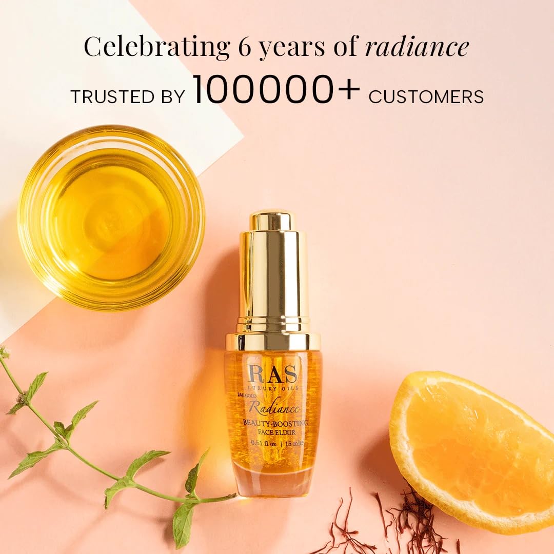 RAS Luxury Oils 24K Gold Radiance Elixir Face Serum for Glowing Skin, Skin Brightening, Reduce Wrinkles, Acne, Dark Spots, Natural & Organic