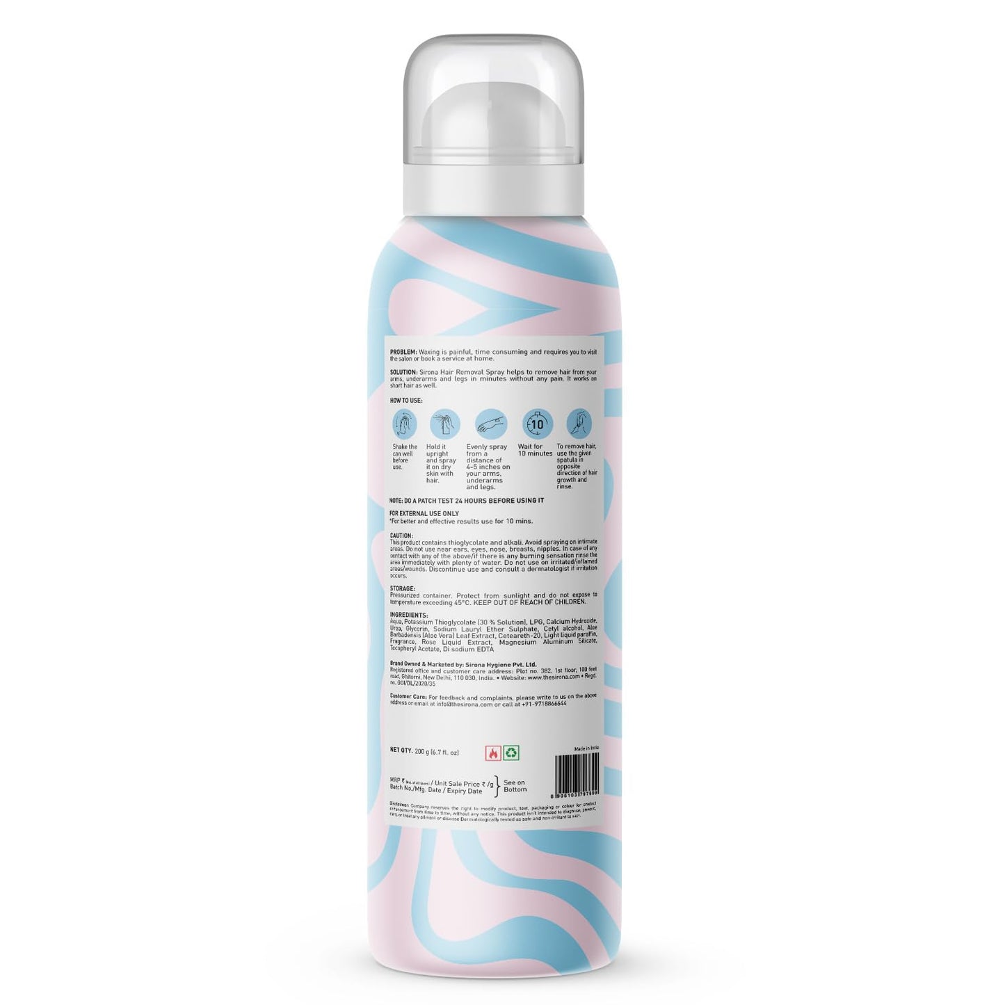 Sirona Hair Removal Spray Foam with Aloe Vera Extracts and Rose Fragrance 200 ml (Pack of 1) | For Legs, Arms & Underarms | Removes Hair in 10 Minutes | Parabens Free | Dermatologically Tested