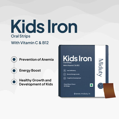 Miduty by Palak Notes Kids Iron Strips for Kids - Dissolvable Strips for better Iron absorption - Energy Boost - Iron Supplement with Vitamin C & Vitamin B12 - Mixed Berry Flavour - 30 Oral Strips