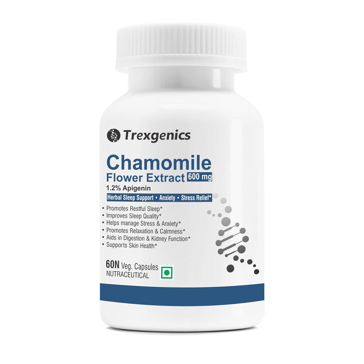 Trexgenics CHAMOMILE 1.2% Apigenin 600 mg Sleep, Relexation, Kidney & Urinary tract support VEGAN & NON-GMO (60 Veg. Capsules) (Pack of 1)
