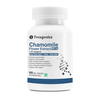 Trexgenics CHAMOMILE 1.2% Apigenin 600 mg Sleep, Relexation, Kidney & Urinary tract support VEGAN & NON-GMO (60 Veg. Capsules) (Pack of 1)