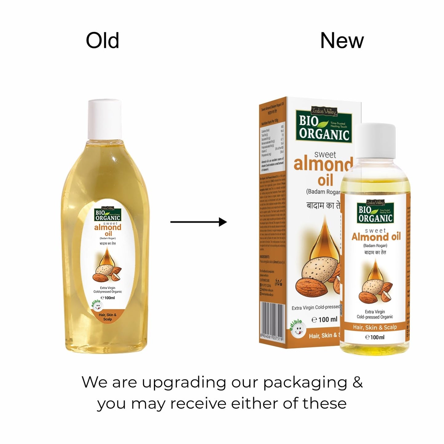 INDUS VALLEY Bio Organic Cold Pressed Almond Oil for Soft & Shiny Hair, Glowing Skin, Hair Damage Protection, Pure Roghan Badam Oil (Tail) for Baby Massage - 100ml