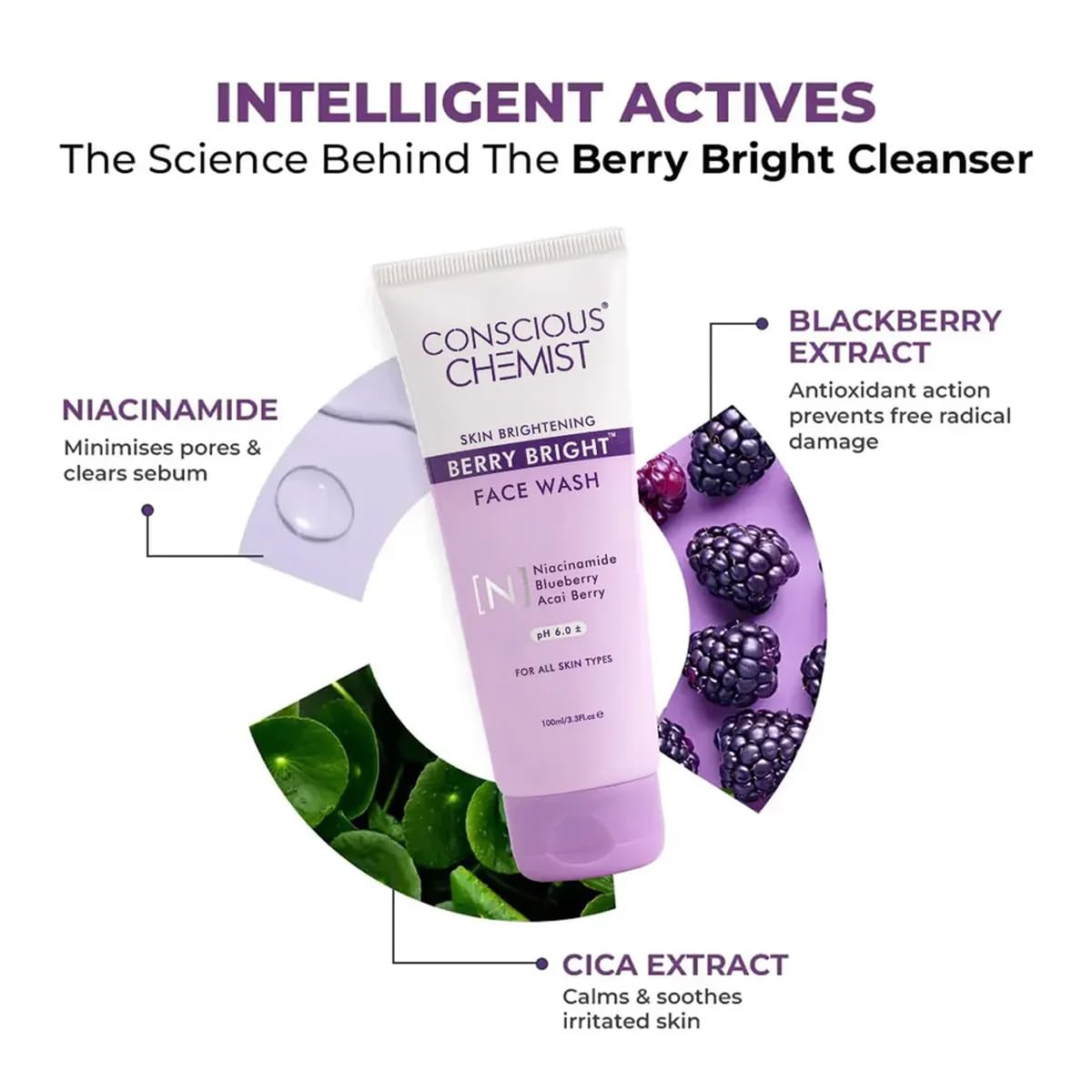 Conscious ChemistÂ® Niacinamide De-Tan Face Wash | Pore Refining Brightening Cleanser for Women & Men with BlueBerry & AcaiBerry Extracts, Bright Clear Skin | All Skin Type - Berry Bright 100ml