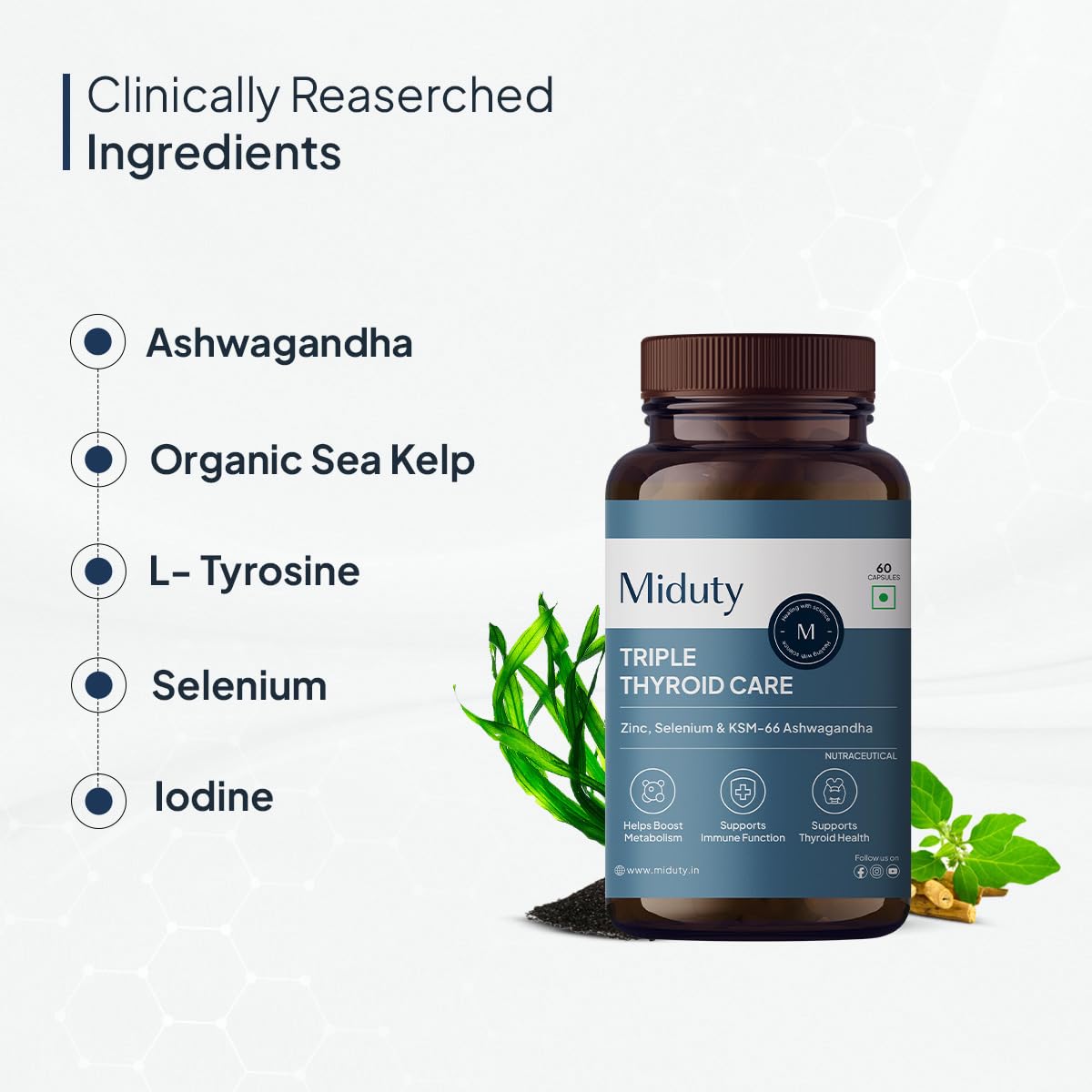 Miduty Palak Notes Triple Thyroid Care Supplement - Rapid Action Formula - KSM-66 Ashwagandha - Sea Kelp - Zinc - Vitamin B1-Selenium-L-Tyrosine - Supports Thyroid Health - Good mood - 60 Capsules