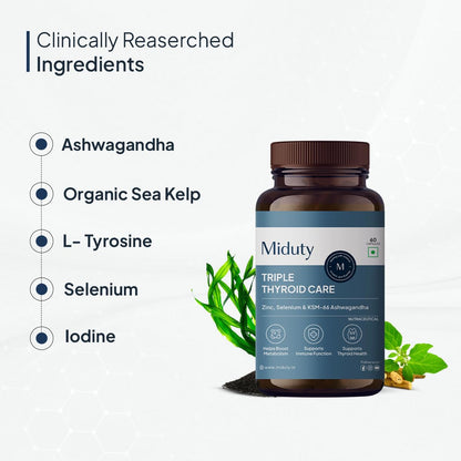 Miduty Palak Notes Triple Thyroid Care Supplement - Rapid Action Formula - KSM-66 Ashwagandha - Sea Kelp - Zinc - Vitamin B1-Selenium-L-Tyrosine - Supports Thyroid Health - Good mood - 60 Capsules