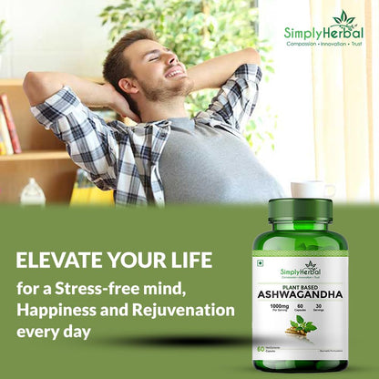 Simply Herbal 1000mg Ashwagandha Capsules for General Wellness, Improves Vitality, Manage Stress & Anxiety, Boost Energy & Strength, Rejuvenates Mind & Body - 60 Veg Capsules