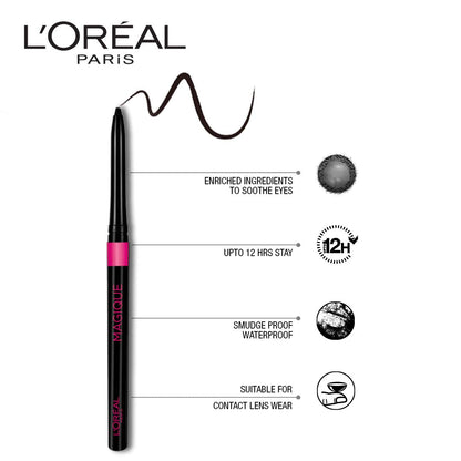 L'OrÃ©al Paris Kajal, Waterproof Eyeliner, 14 Hours of Smudge-Proof Wear, With Vitamin E, Cocoa Butter, Olive Oil Esters and Vitamin C, Magique, Colour: Supreme Black. 0.35g