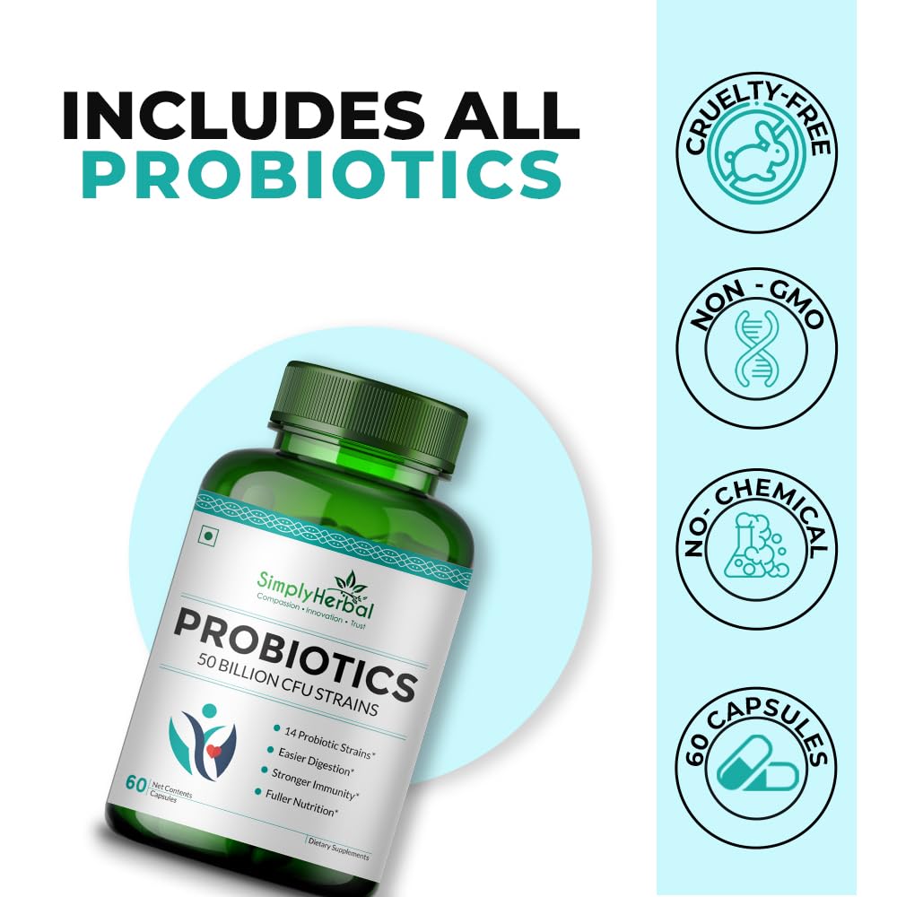 Simply Herbal Probiotics 50 Billion CFU - 14 Strains | Gut Health, Digestion, Immunity & Metabolism Support | 60 Capsules