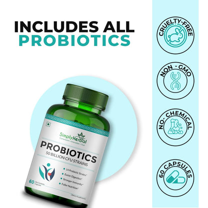 Simply Herbal Probiotics 50 Billion CFU - 14 Strains | Gut Health, Digestion, Immunity & Metabolism Support | 60 Capsules