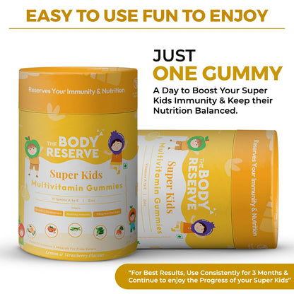 The Body Reserve's Multivitamin Gummies For Kids With 10 Vitamins & Minerals Helps Kids Growth, Strong Bones & Teeth, Improves Immunity, Antibody Production Lemon & Strawberry Flavour 30 Gummies