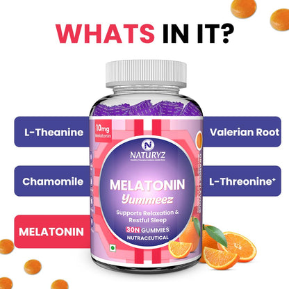 NATURYZ Yummeez Melatonin 10mg Gummies for Sleep - Non-Addictive | No Added Sugar | Valerian Root, Chamomile | Enhance Sleep Quality for Restful Nights, Wake Up Fresh & Energetic - 30 gummies(Orange Flavour)
