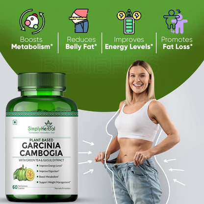 Simply Herbal Garcinia Cambogia with Green Tea and Gugul Extract for Weight Management Supplement 800 Mg HCA for Appetite Suppressant & Metabolism Boost For Men Women - 60 Veg capsule
