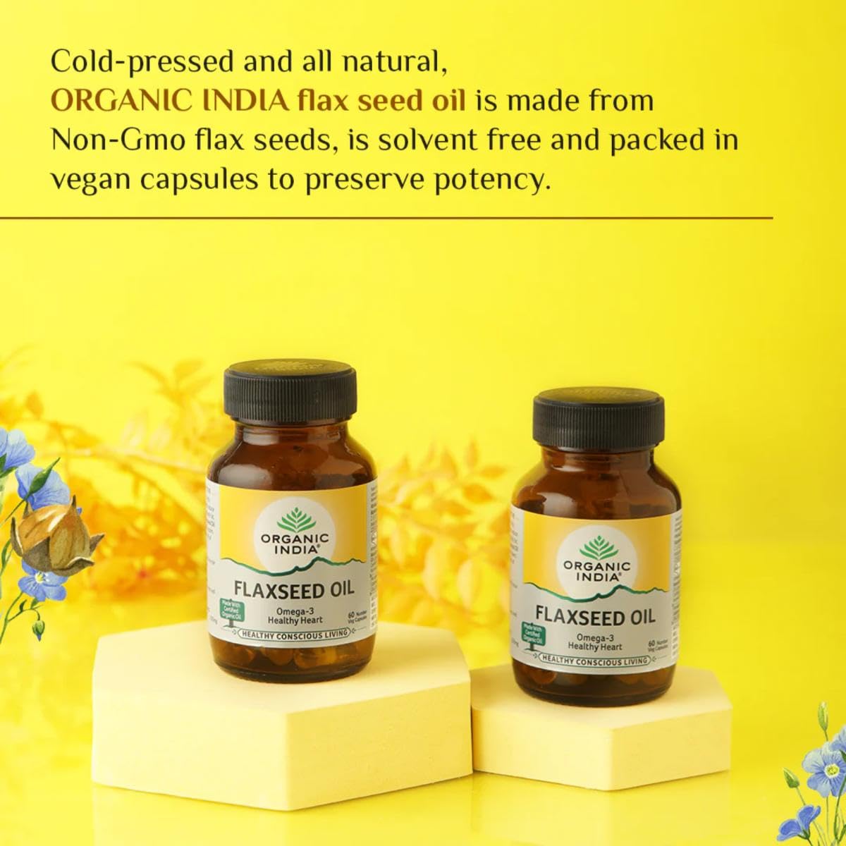 A TATA Product - Organic India Flaxseed Oil - 60 Veg Capsules, Natural Omega-3, Helps Reduce Cholesterol, Supports Healthy Skin, Hair & Nails, Joint Flexibility, GMP & NPOP Certified Organic