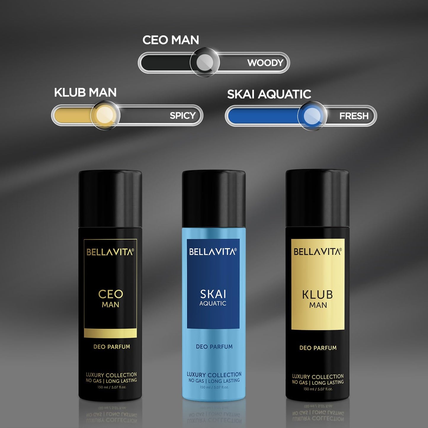Bella Vita Luxury Body Parfum Gift Set for Men | Pack of 3 x 150ml | No Gas Deo for Man | CEO, Skai Aquatic & Klub | Long Lasting Fragrance with Tonka, Bergamot, Vanilla