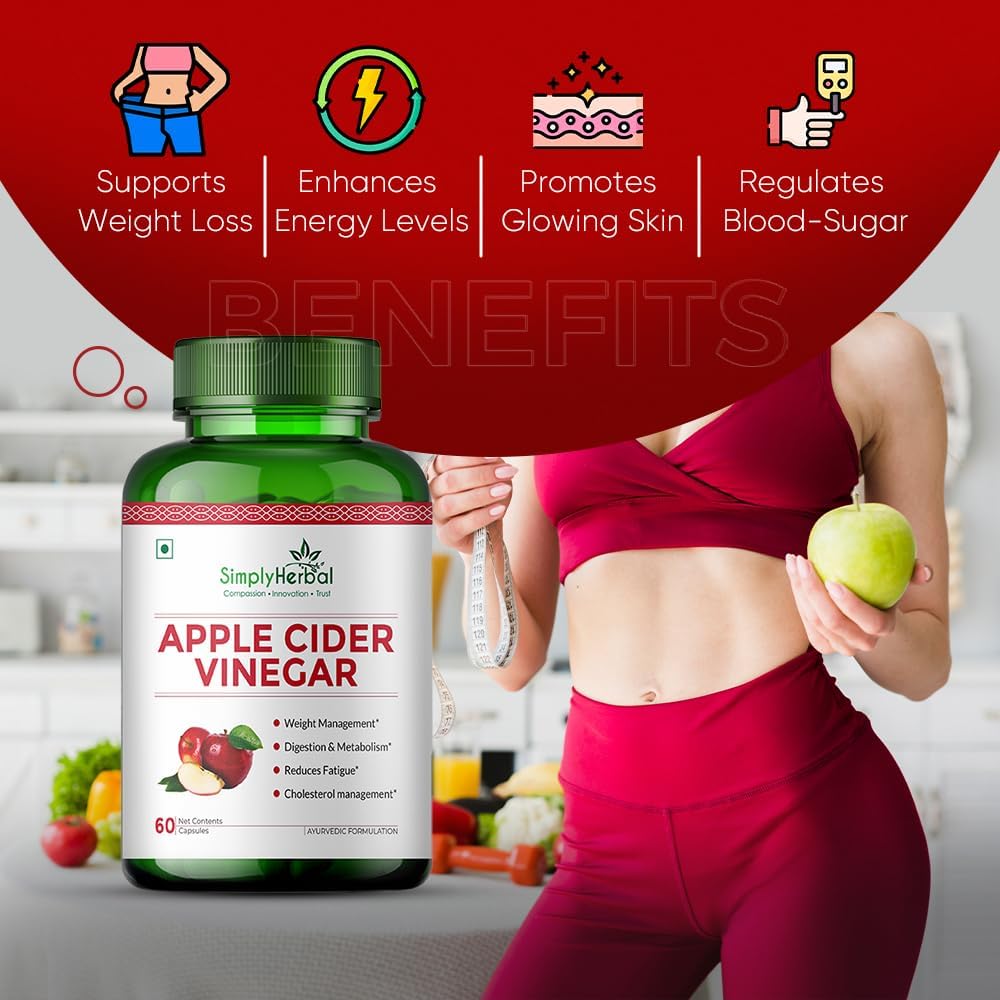 Simply Herbal Organics Apple Cider Vinegar 500mg Supplement for Weight Management | ACV Capsules, Probiotics Blend, Boost Metabolism, Belly Fat Loss- 60 Veg Capsules