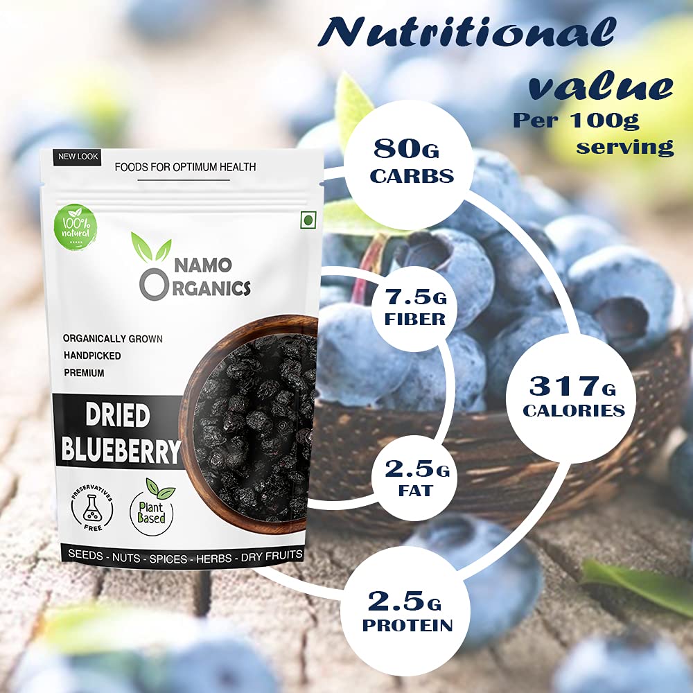 Namo Organics - 500 Gm - Original Dried Blueberry (seedless) - No Refined Sugar - Blueberries Blue Berry Dry Fruits