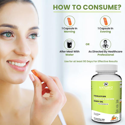 NATURYZ Himalayan Sea Buckthorn Berry Oil Triple Strength 1120mg | Cold-Pressed Vegetarian Omega 7 + Omega 3-6-9 | Skin Glow, Immunity & Gut Health Supplement | High Absorption | Non-GMOâ€“ 60 Liquid Fill Capsules
