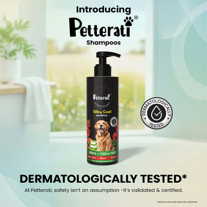 Petterati Silky Coat Dog Shampoo | Aloe Vera, Neem & Hibiscus | Deep Cleansing for Soft, Shiny Coat | 200ml + 100ml Free