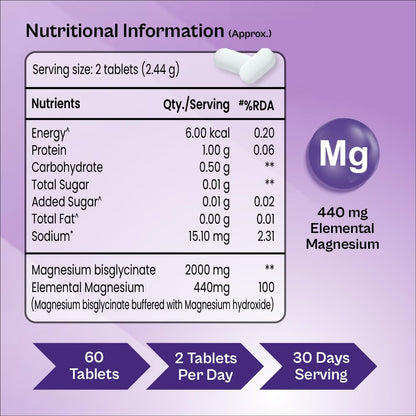 Tata 1mg Magnesium Glycinate Tablets |2000mg | High Absorption Chelated form for Muscle Recovery, Sleep & Nerve Health | 2000mg Per Serving â€“ 60 Veg Tablets