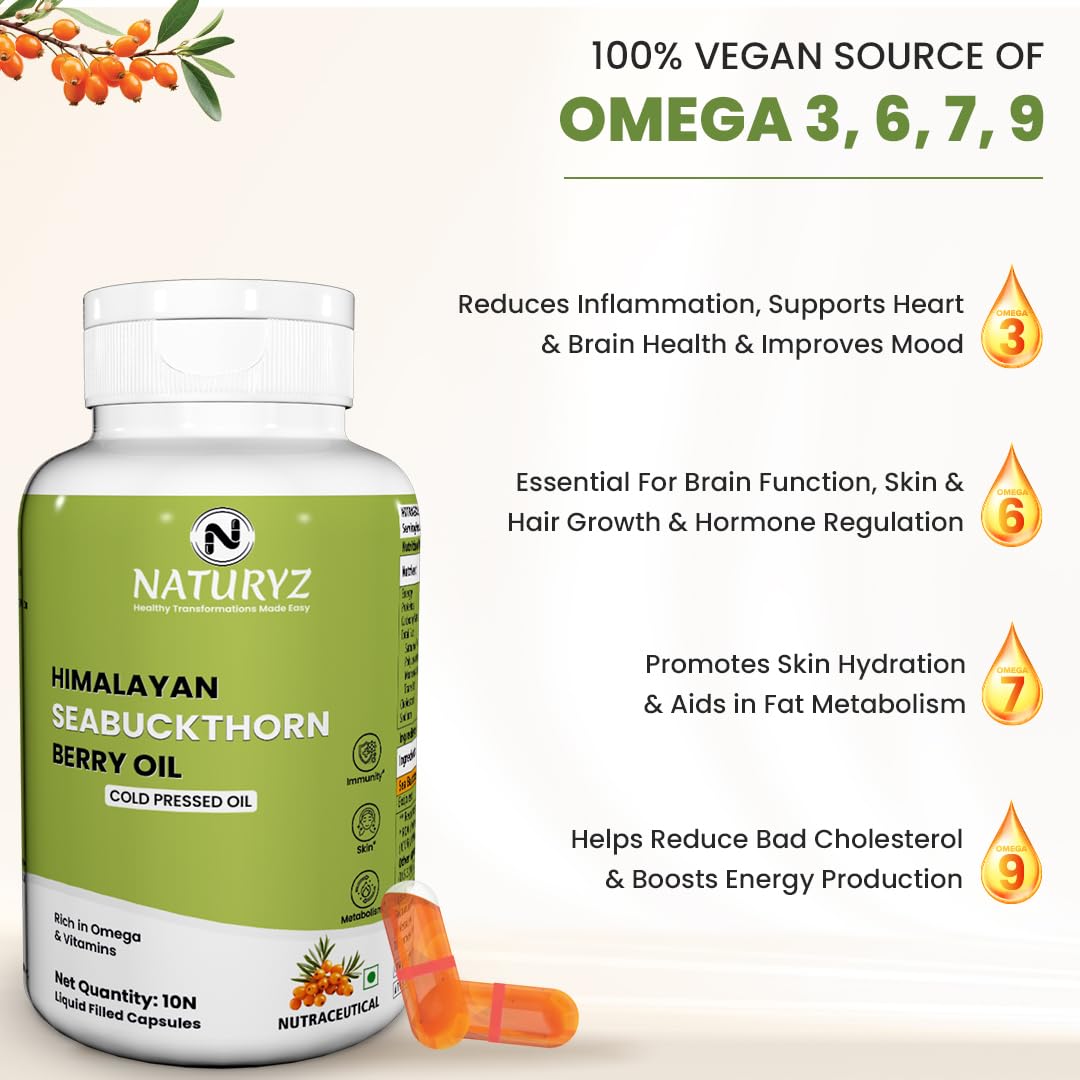 NATURYZ Himalayan Sea Buckthorn Berry Oil Triple Strength 1120mg | Cold-Pressed Vegetarian Omega 7 + Omega 3-6-9 | Skin Glow, Immunity & Gut Health Supplement | High Absorption | Non-GMOâ€“ 10 Liquid Fill Capsules