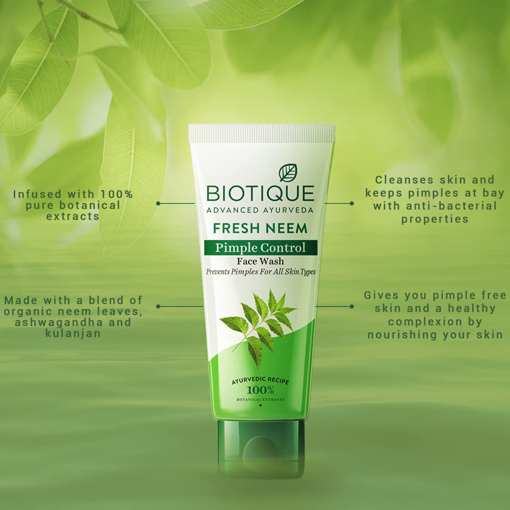 Biotique Fresh Neem Pimple Control Face Wash| Ayurvedic and Organically Pure| Prevents Pimples |100% Botanical Extracts| Suitable for All Skin Types | 150mL