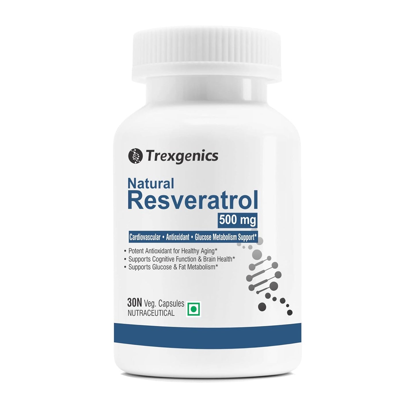 Trexgenics Natural RESVERATROL 500 mg Cardiovascular Health, Antioxidant & Glucose Metabolism VEGAN & NON-GMO (30 Veg. Capsules) (Pack of 1)