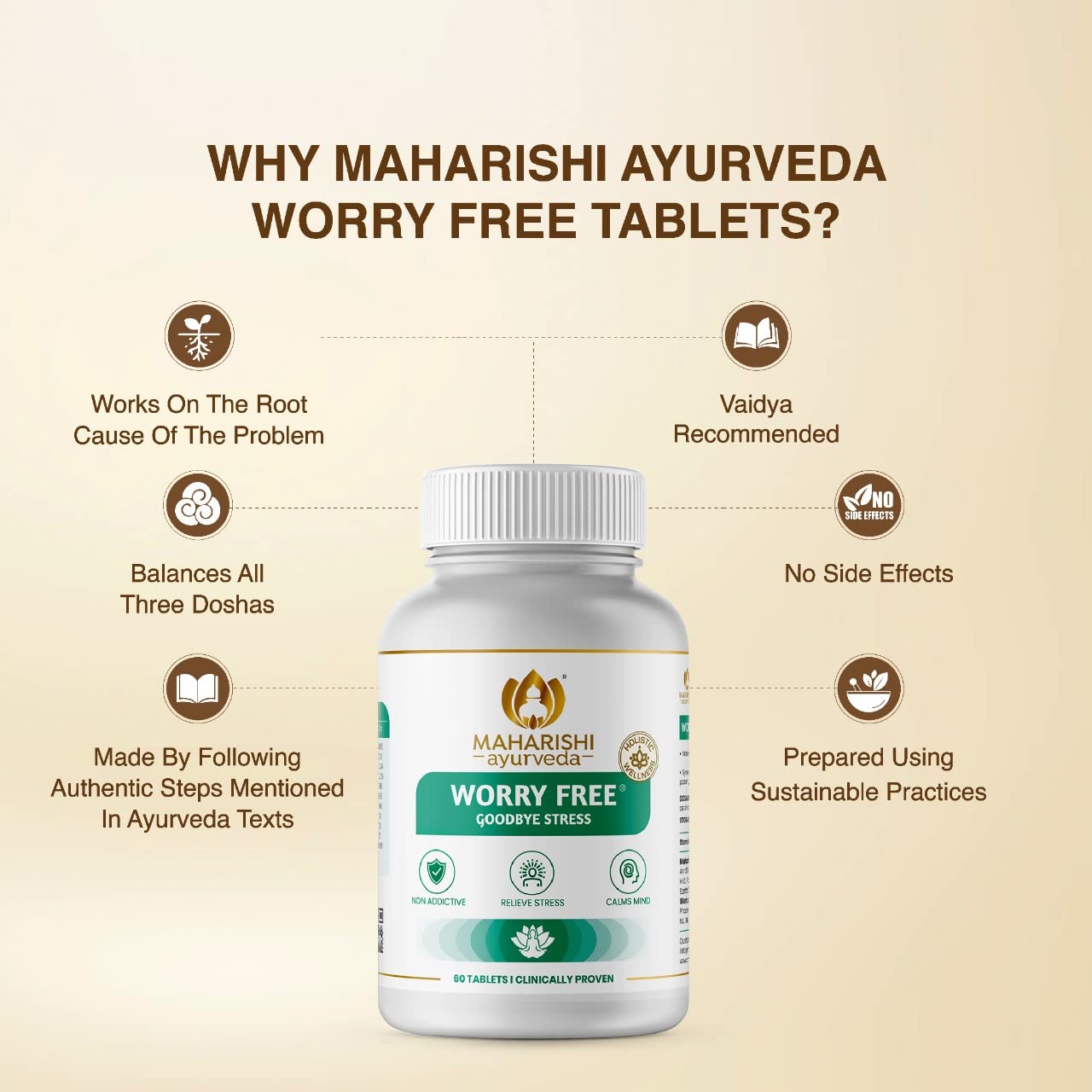 Maharishi Ayurveda Ashwagandha Worry Free Ayurvedic Tablets, Help Keeps The Mind And Body Calm And Relaxed Non Addictive 60 Tablets