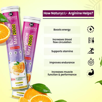 Naturyz L-Arginine Max 2600 Effervescent Tablets | Boosts Stamina | Increases Blood Flow | Improves Performance | Pre-workout Supplement 20 capsules (Orange Flavour), 1 count