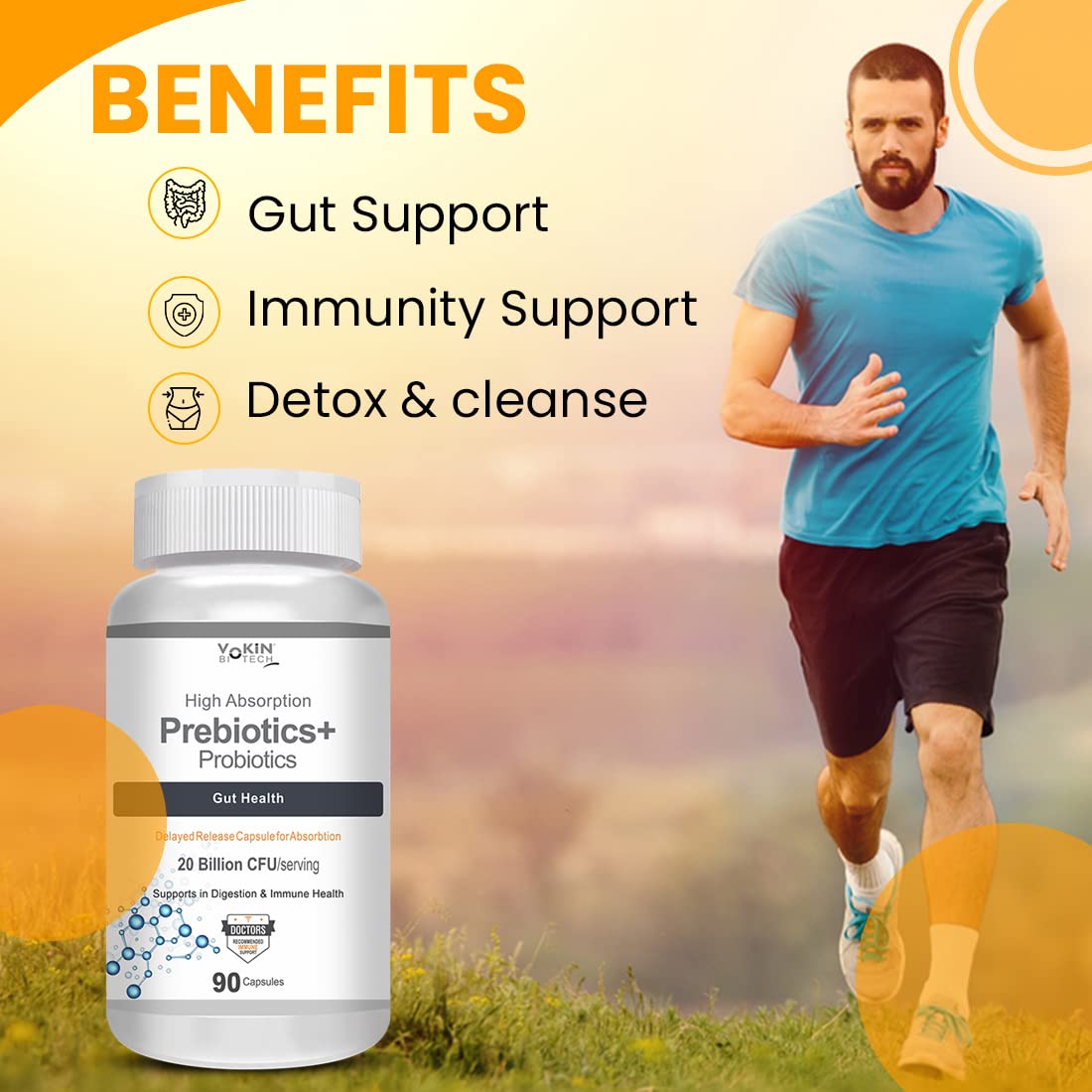 Vokin Biotech Prebiotics + Probiotics 20 Billion Cfu Supplement with Delayed-Release Capsules for Temperature Stable, Digestion and Immune Health (90 capsules)