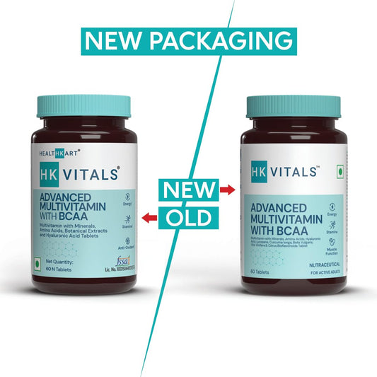 HealthKart HK Vitals Advanced Multivitamin with BCAA - Minerals, Amino Acids, Hyaluronic Acid, and Antioxidants - 60 Multivitamin Tablets - Immunity & Energy
