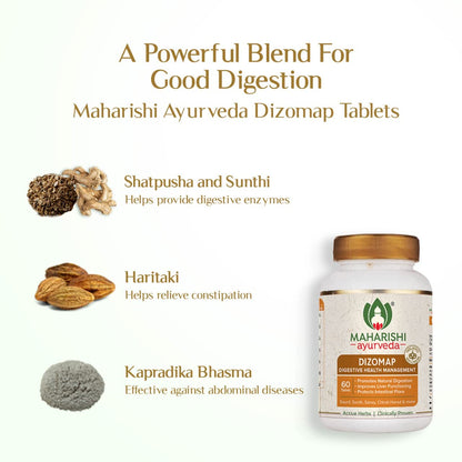 Maharishi Ayurveda Dizomap, Ayurvedic Tablet Medicine For Indigestion & Constipation, Improves Liver Functioning & Intestinal Flora, Saunf, Sonth, Sanay & Chhoti Harad, 60 Tablets