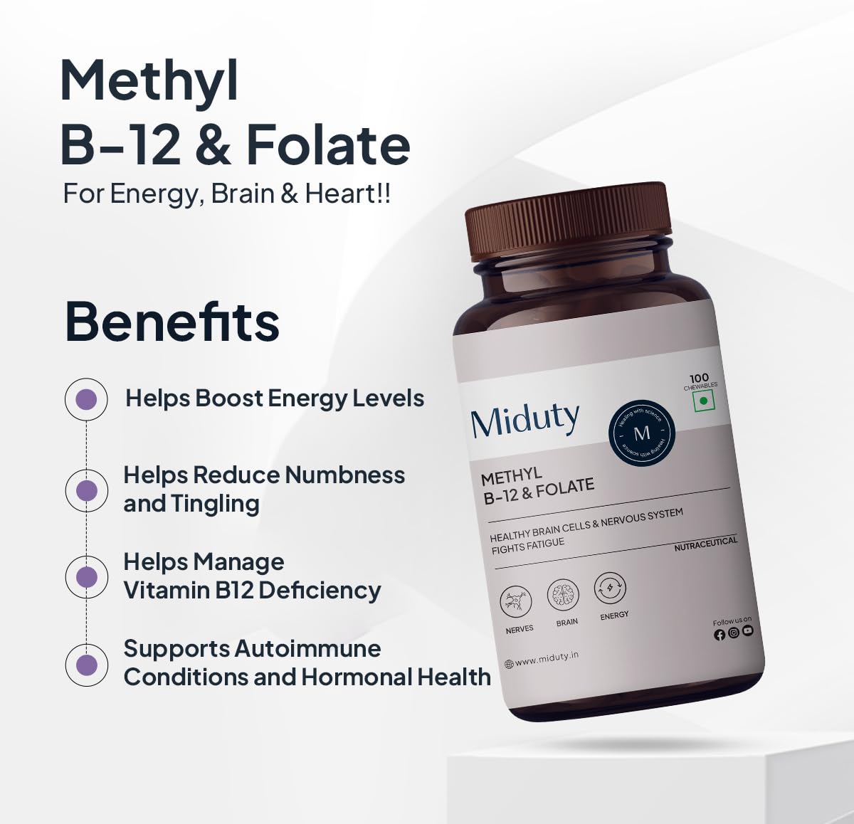 Miduty Palak Notes Vitamin B12 Supplement with Methylcobalamin - Folate - Vitamins B6 - Chewable Tablets - 60 Chewables - Vitamin B 12 - Vitamin Tablets for Optimal Health Men & Women