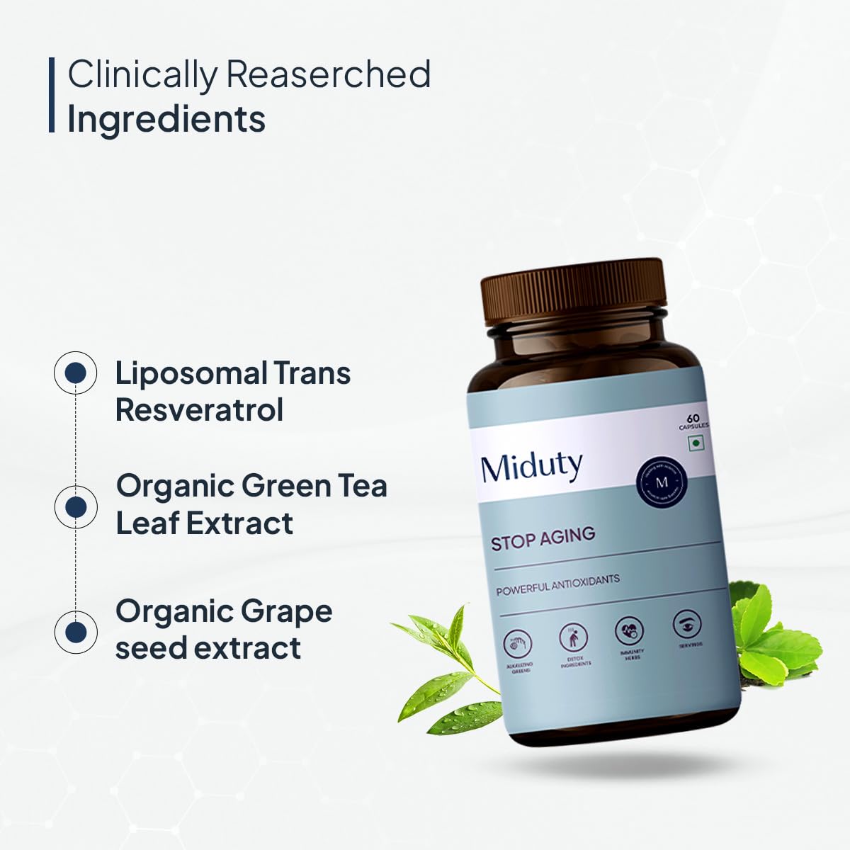 Miduty Stop Aging Powerful Antioxidant Formula to Slow Down Aging, Anti Aging Supplement for Youthful Skin - Anti Aging Capsules, Resveratrol Active Ingredient - Pack of 60